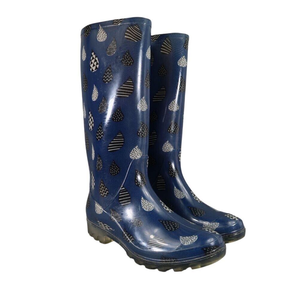Toms Shoes Womens 7 Rain Boots Rubber Print Pull On Cabrilla Round Toe Blue Tall